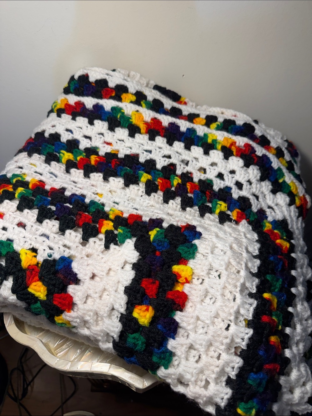 Handmade Crochet Multicolor Accent Throw Blanket - White & Rainbow